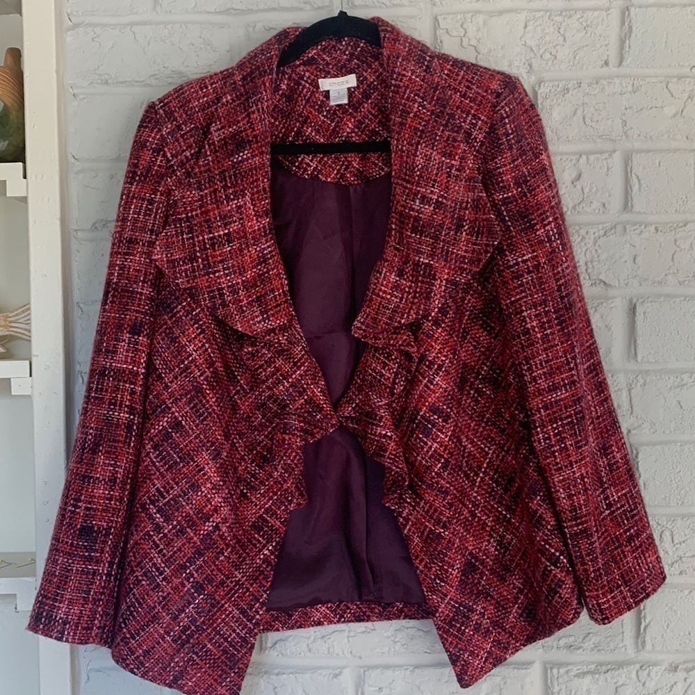 Chicos Shades of Fall Pinks Tweed Style One Hook Front Opening Jacket